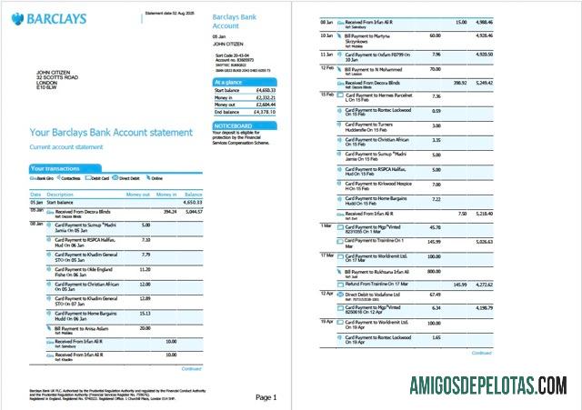 Extrato de conta bancária realista do Barclays no Reino Unido, modelo Word e PDF, 2 páginas